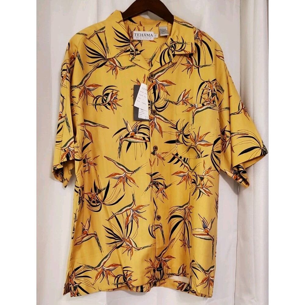 Men's Large Tehama Yellow Floral Silk Button-down Shortsleeved Shirt Tags NOS